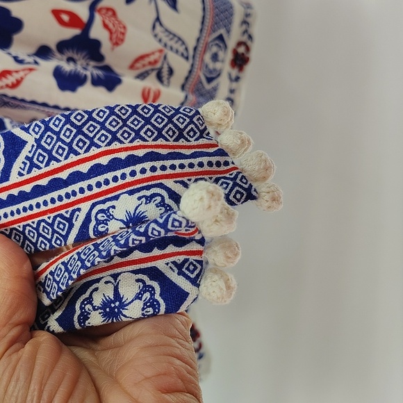 Rachel Zoe Red White Blue Linen Blend Romper Size 8 Button Down Neck Tie - Picture 5 of 10